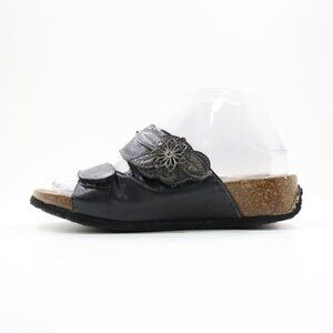 Think! Black Leather Floral Adjustable Footbed Sandals - 6/EU 37